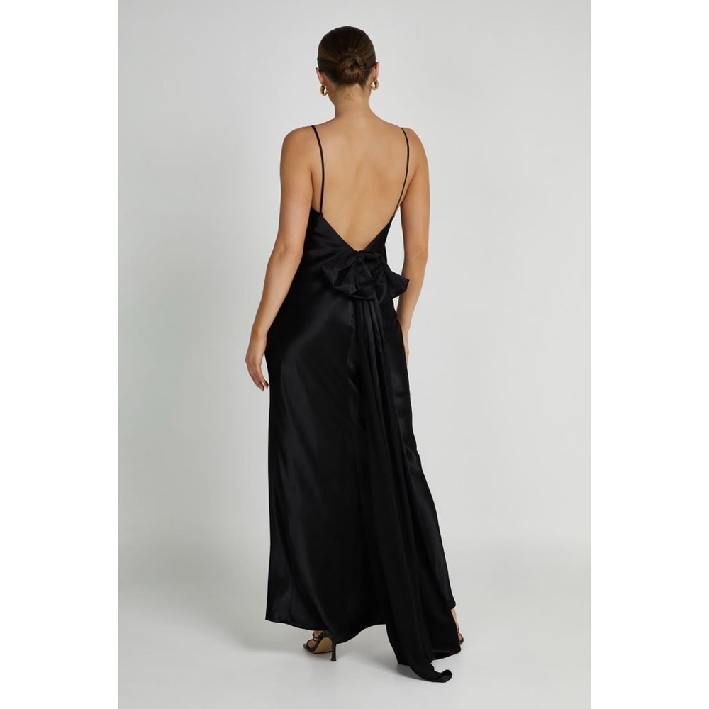NWT Meshki Kailey Satin Low Back Maxi Dress Gown with Detachable Bow Train Black - Picture 2 of 10